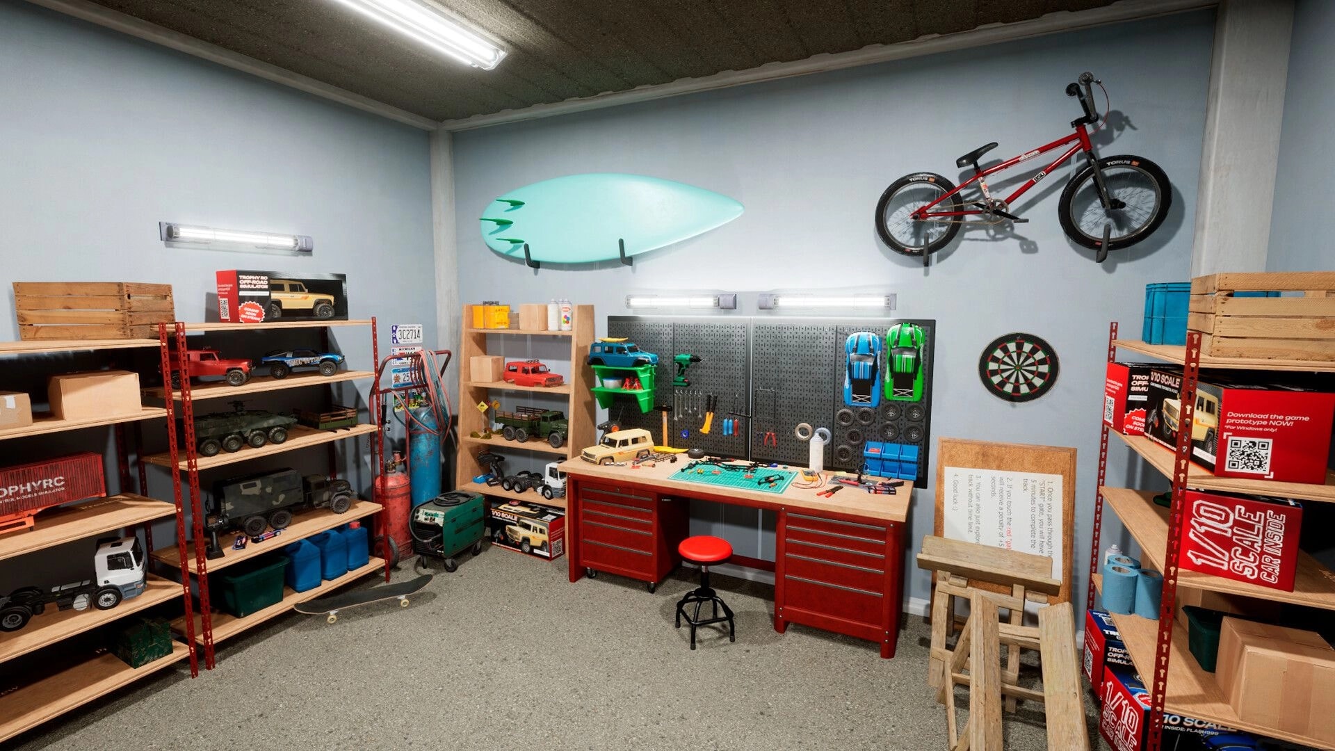TrophyRC: Workshop garage view with RC trucks on shelves, tool bench, pegboard, and wall bike.