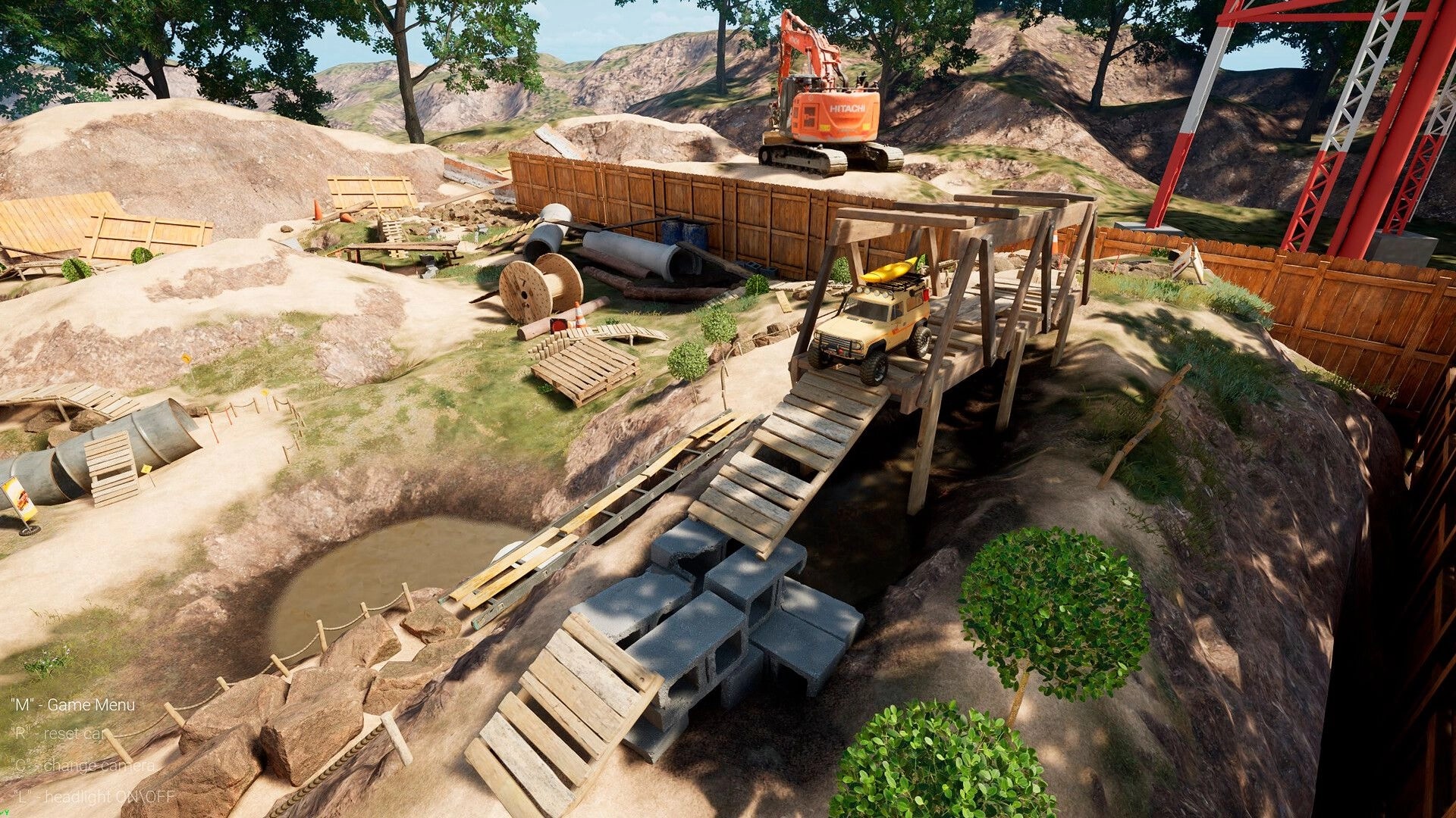 TrophyRC: RC truck crawling over a narrow wooden bridge in a rocky construction yard with excavator.