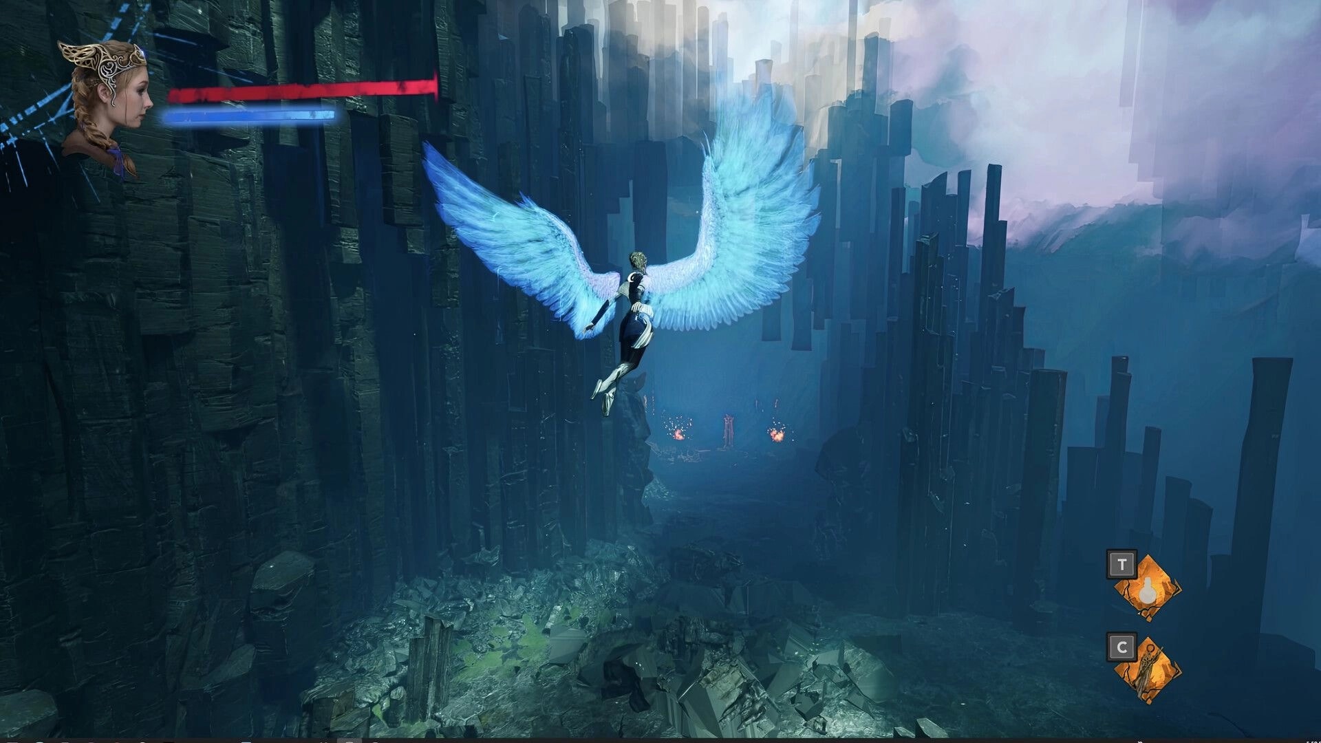 Tsarevna: Character with blue wings flying through a mystical canyon, UI elements visible on screen.