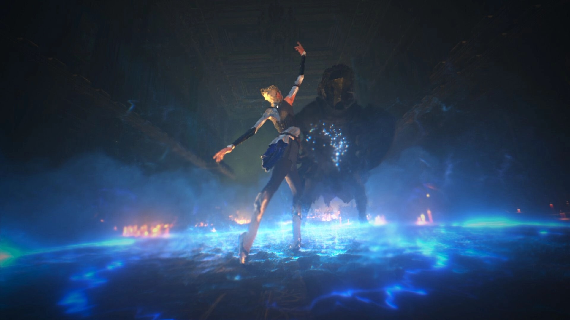 Tsarevna: Graceful combat dance against shadowy creature in a mystical, glowing arena environment