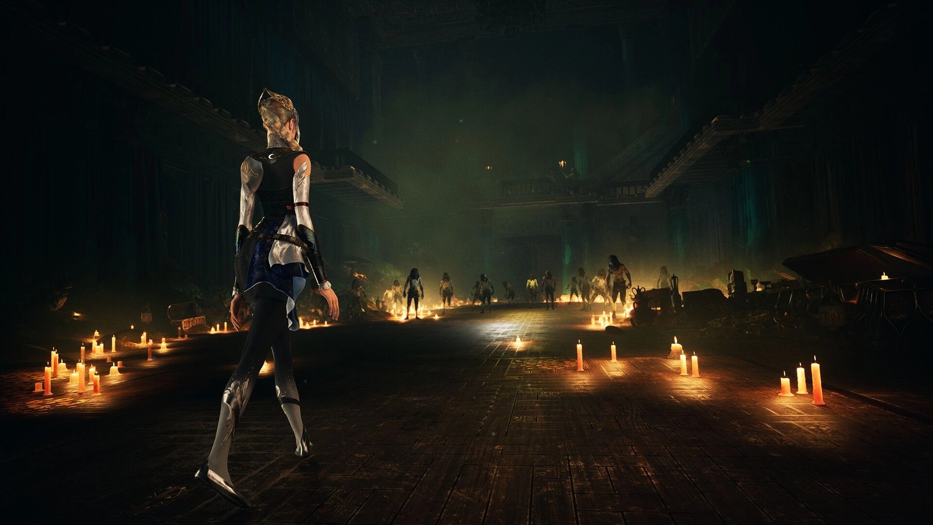 Tsarevna: Character walks through candlelit hall facing distant figures in a dark, mystical setting.