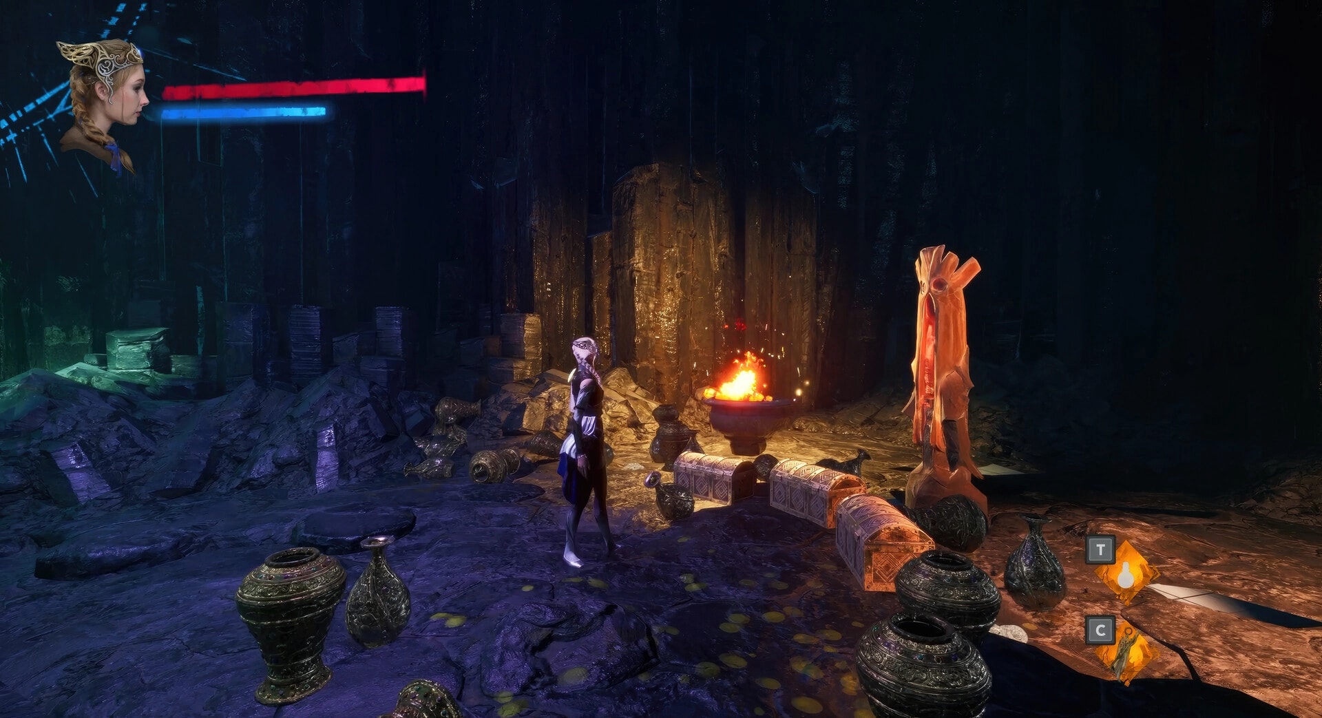Tsarevna: Character exploring cave with lit brazier, ornate chests, and health bar in top left corner
