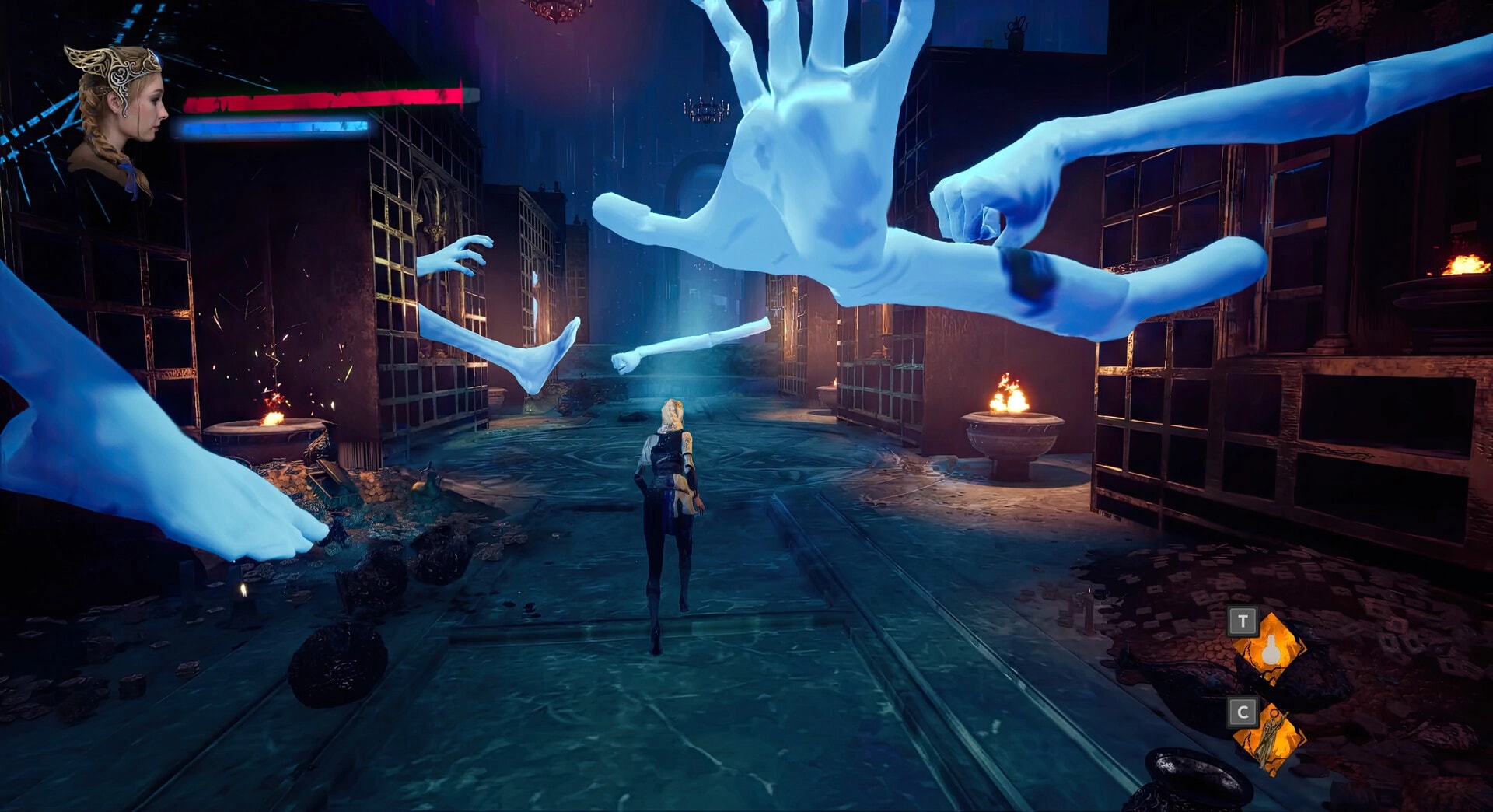 Tsarevna: Character dodging giant ethereal hands in a dimly lit corridor with burning torches.