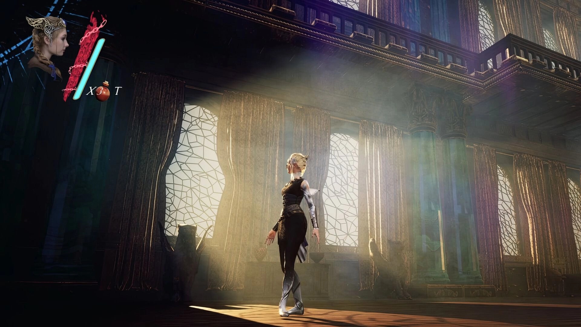 Tsarevna: Elegant character stands poised in sunlit hall with stained glass windows and ornate columns.