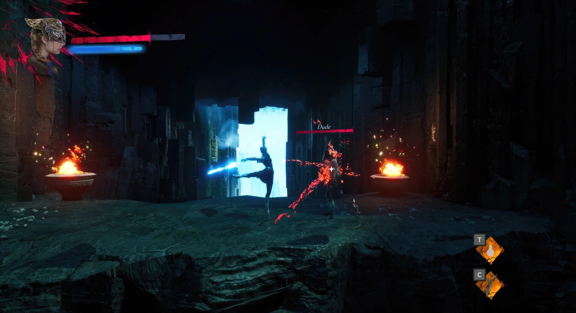 Tsarevna: Ballet-inspired combat against glowing enemy in dark cave with flaming braziers and UI elements.