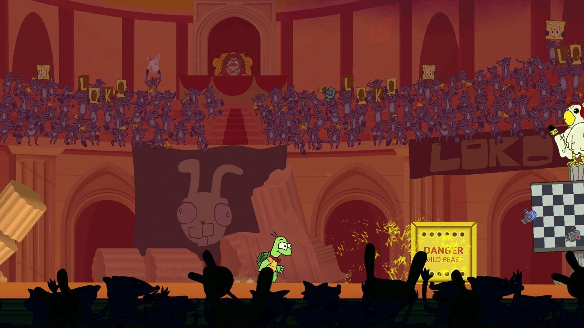 Tuned Turtle: Turtle hero runs past Danger sign in grand arena, with cheering crowd and rabbit banners.