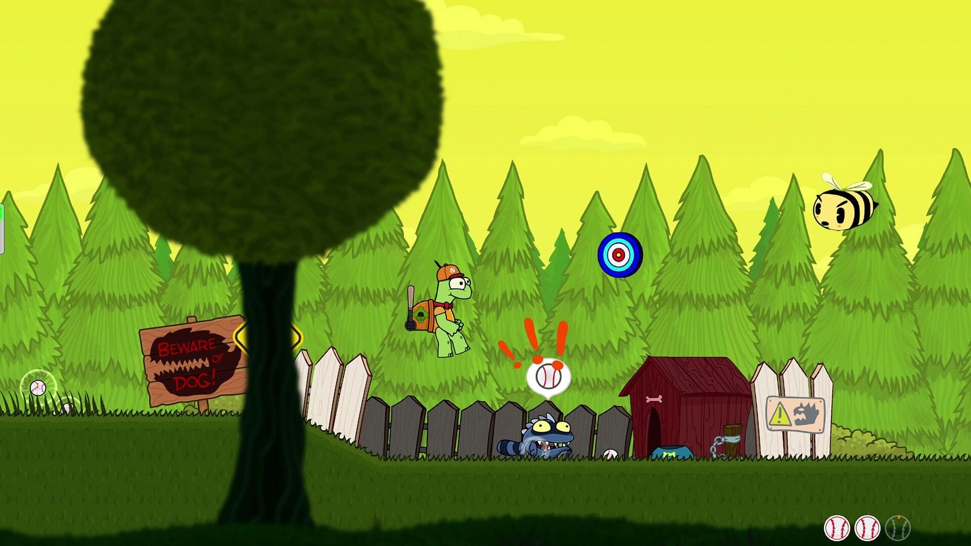 Tuned Turtle: Turtle jumps over fence near doghouse as bee enemy hovers in a pine forest stage.