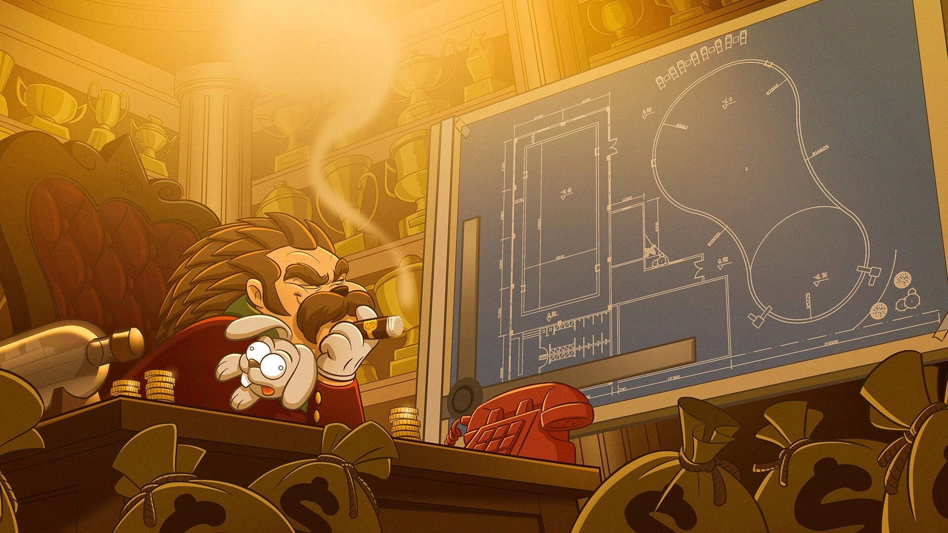Tuned Turtle: Villain smokes a cigar at a desk by a blueprint board in a trophy-filled office.