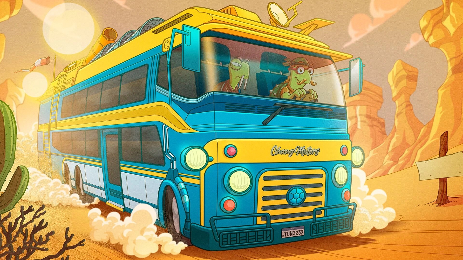 Tuned Turtle: Two turtles ride a blue-and-yellow bus through a dusty desert canyon at sunset.