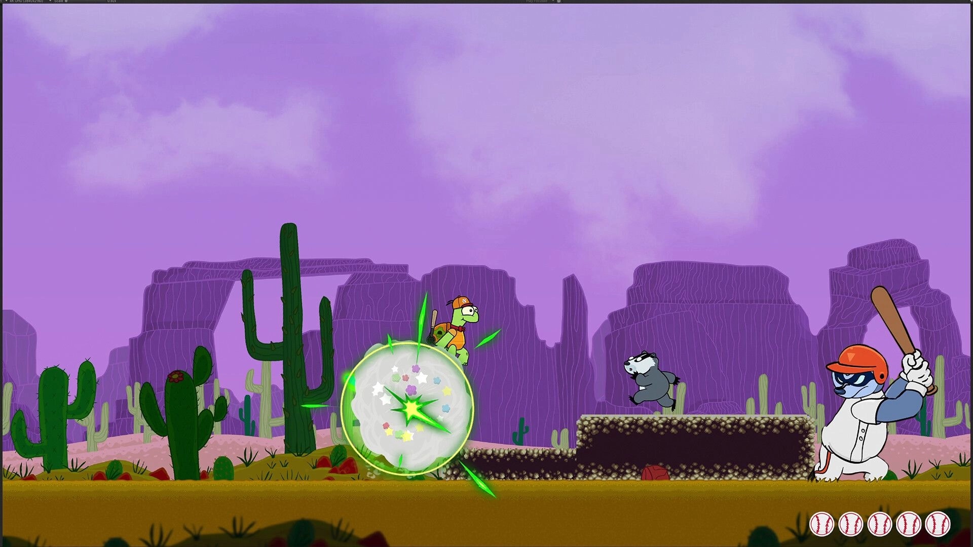 Tuned Turtle: Turtle dashes with green blast in cactus desert as badger runs and batter waits.