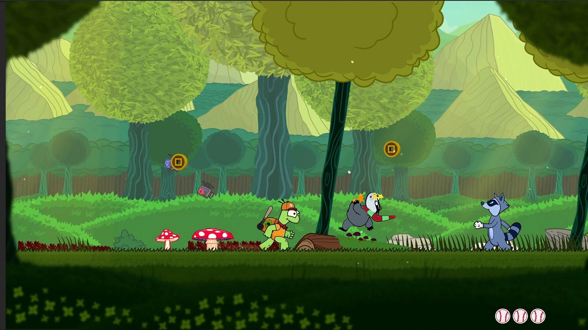 Tuned Turtle: Turtle runs past mushrooms and enemies in a forest level with floating coins and hearts UI.