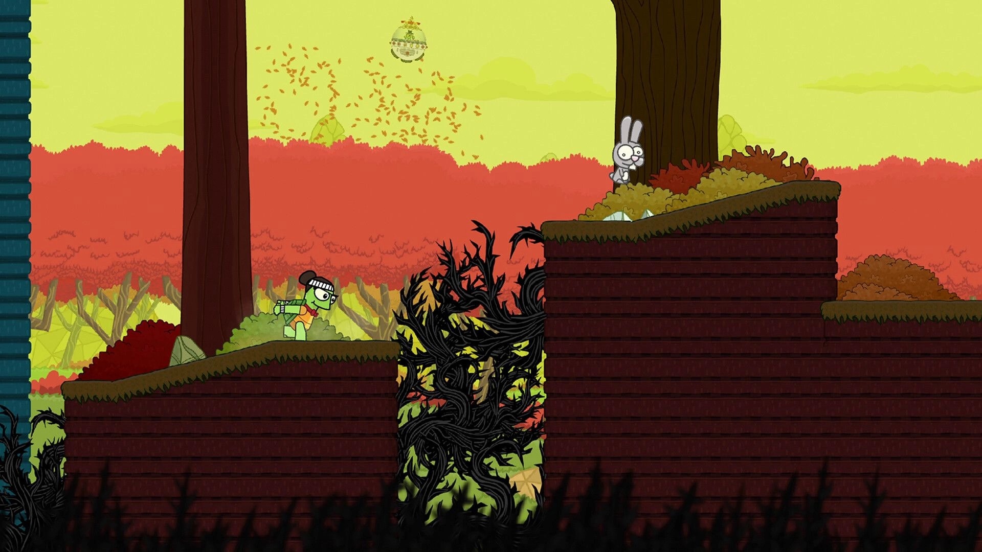 Tuned Turtle: Turtle hero approaches a rabbit on tiered forest platforms above thorny vines.