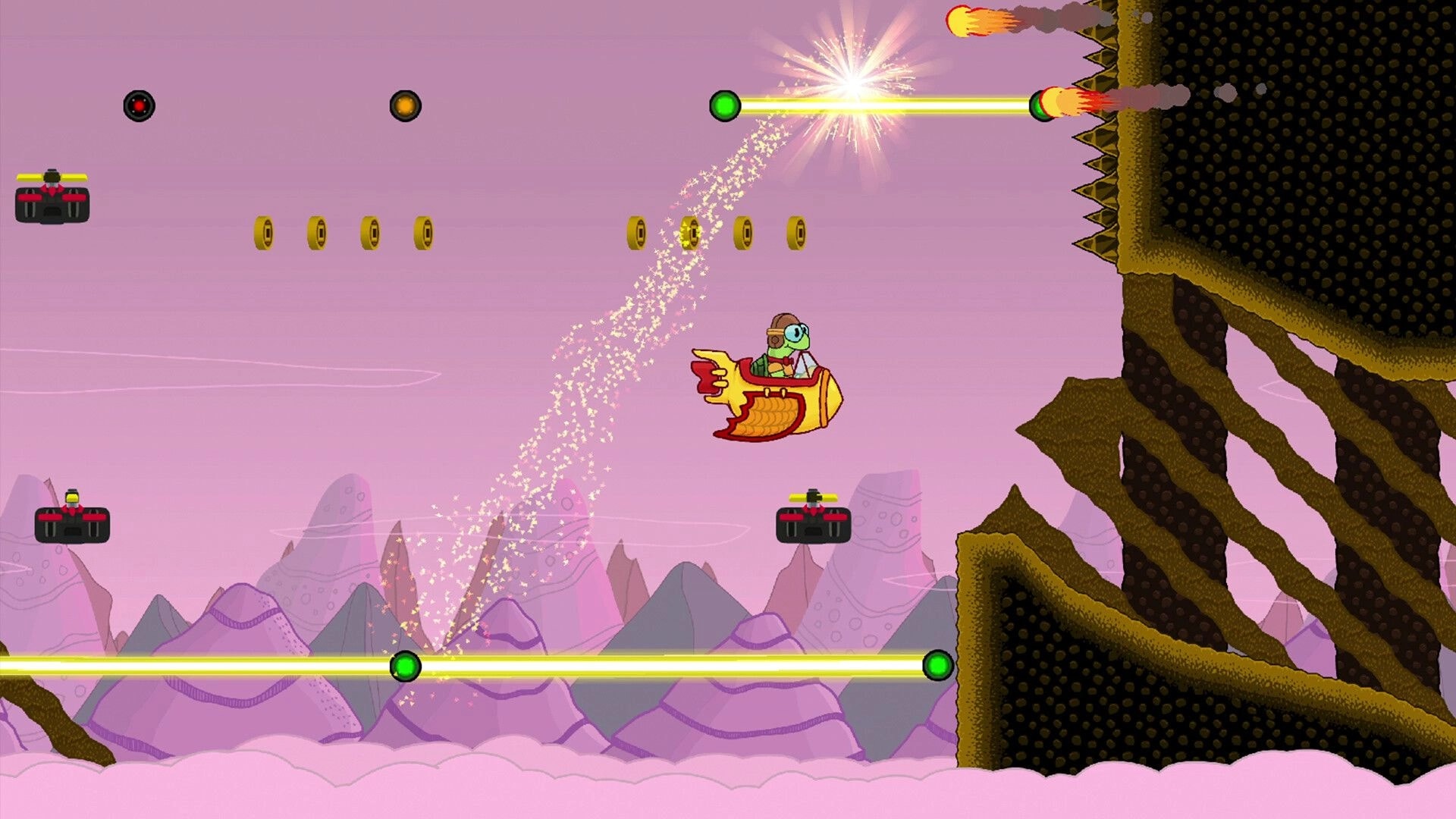 Tuned Turtle: Turtle pilots rocket through coin trail past lasers and spike wall in pink sky level.