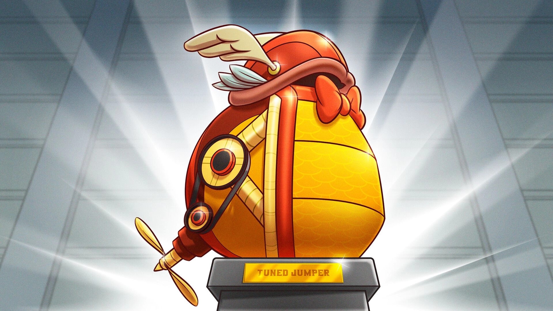 Tuned Turtle: Golden trophy turtle with goggles on pedestal labeled Tuned Jumper in spotlight room.