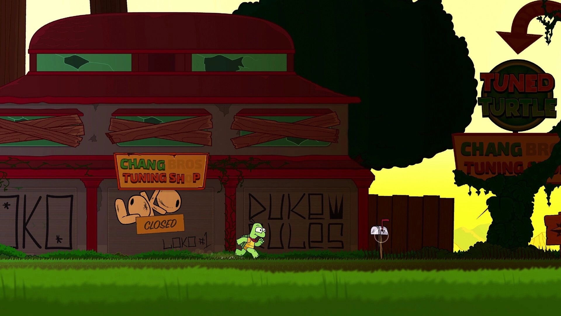 Tuned Turtle: Turtle runs past boarded tuning shop and graffiti walls in a sunny village street scene.