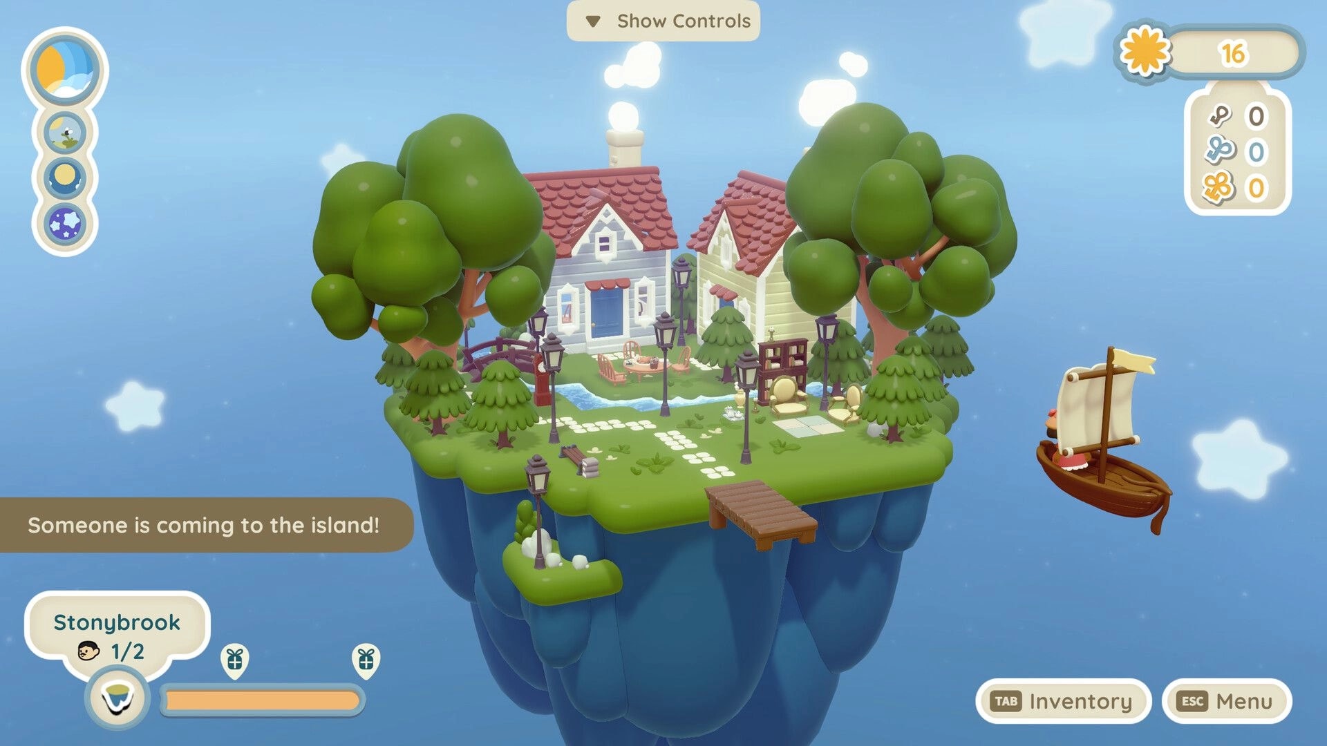 Twinkleby: Stonybrook island diorama with trees and buildings, incoming boat, and UI elements visible.