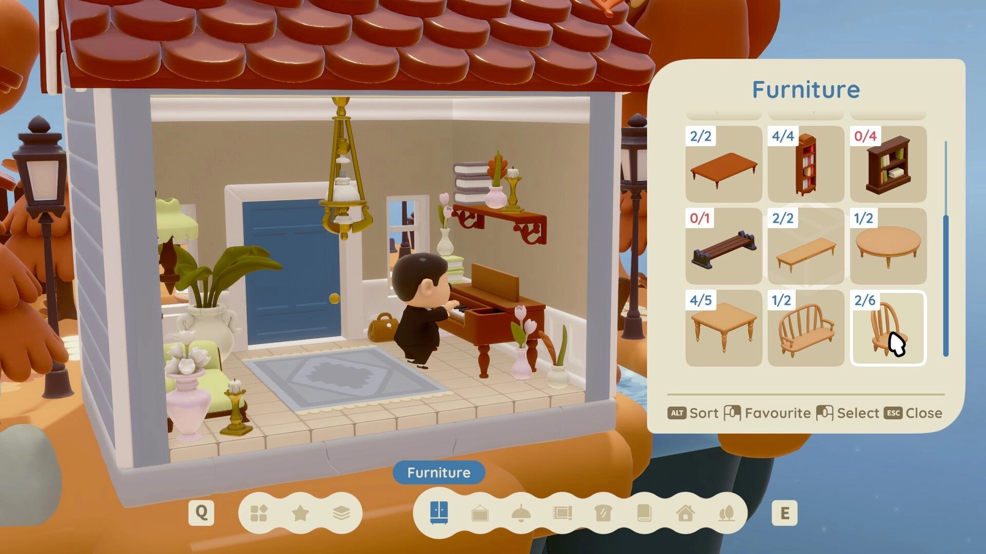 Twinkleby: Character arranging furniture in cozy room with inventory menu showing various items