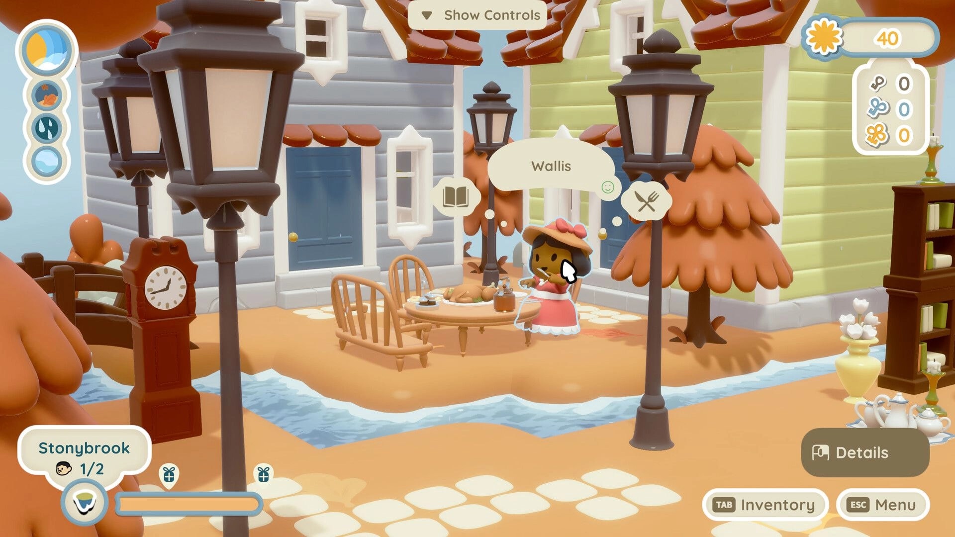 Twinkleby: Wallis dining outdoors in a cozy village setting with UI showing inventory and controls options