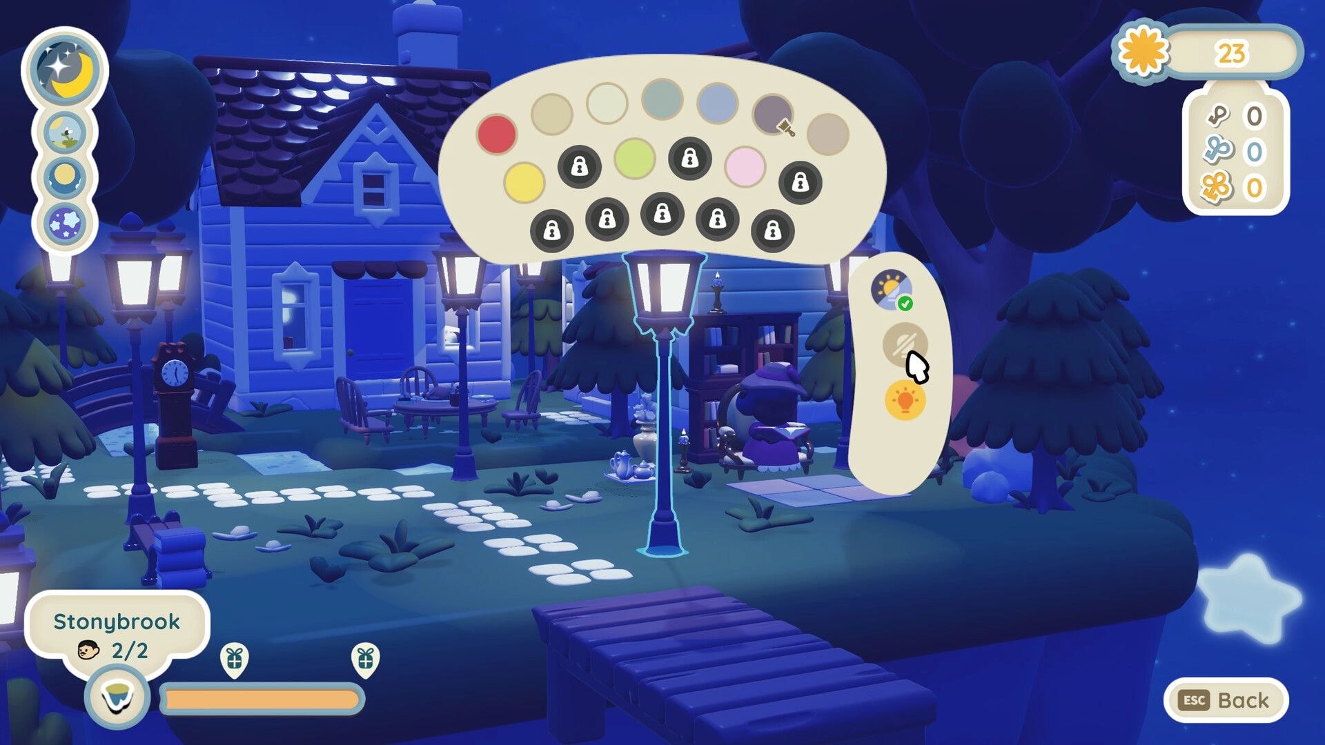 Twinkleby: Nighttime island scene with color selection menu and character near a cozy lit house