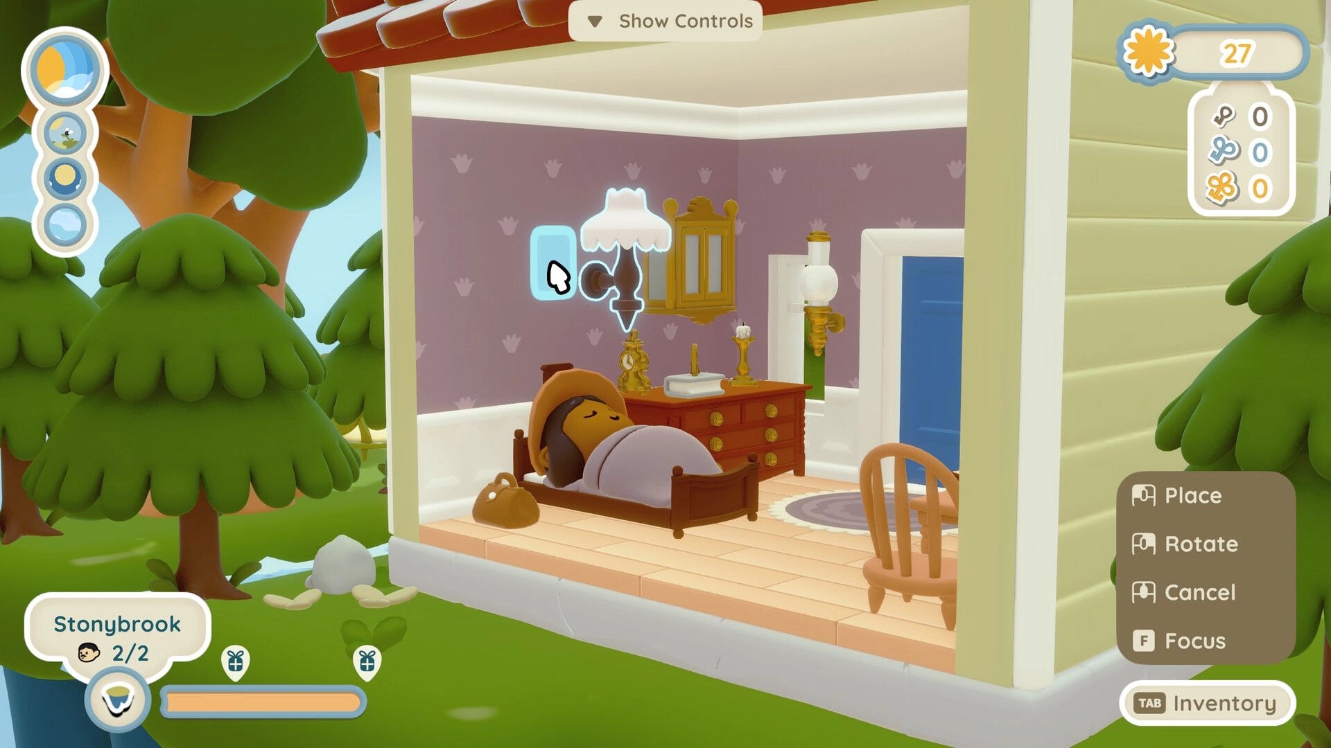 Twinkleby: Character sleeping in cozy bedroom with interactive lamp icon in a floating island house