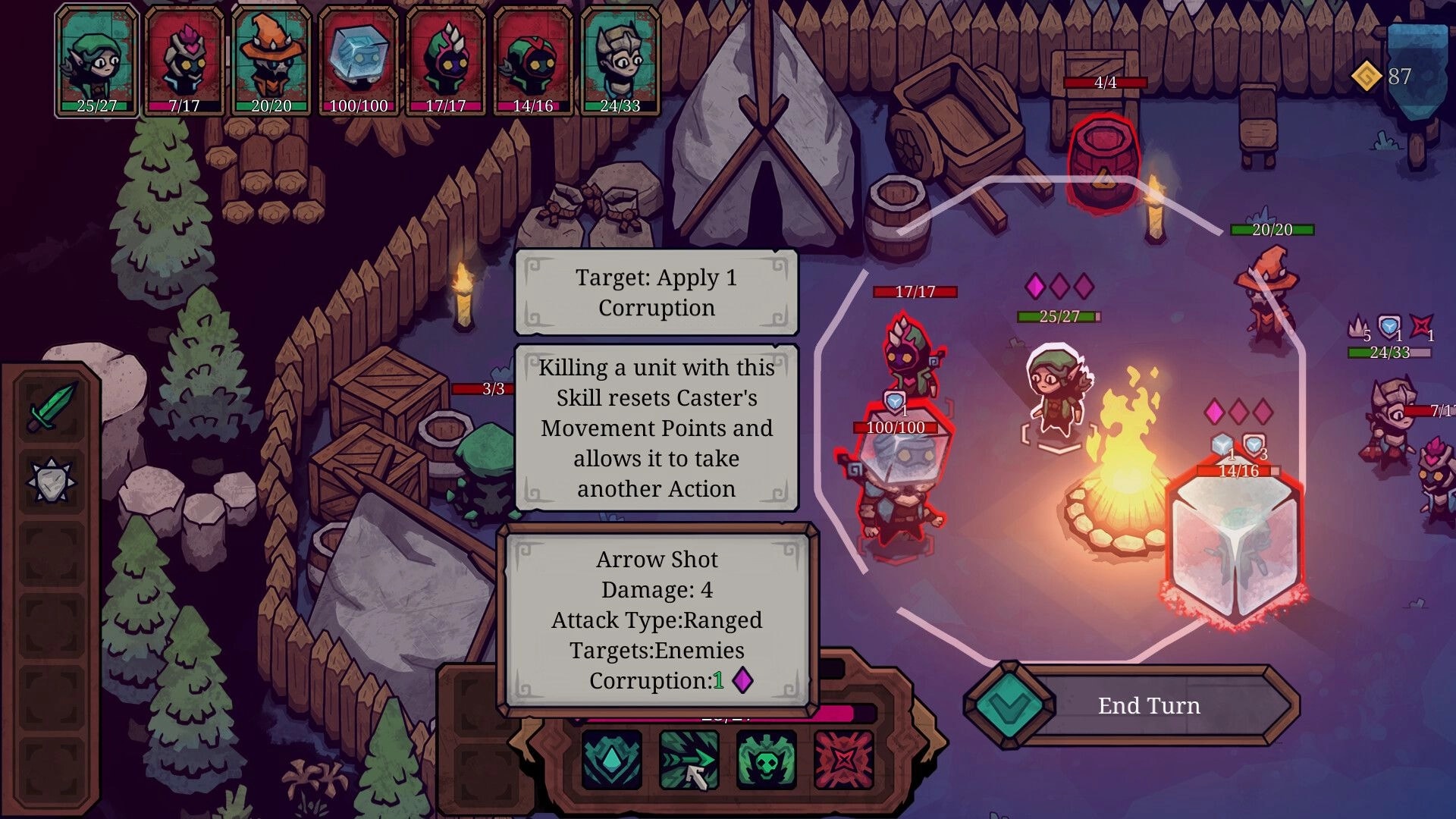 Twisted Fate: Combat scene by campfire with character stats and skill effects displayed in forest camp
