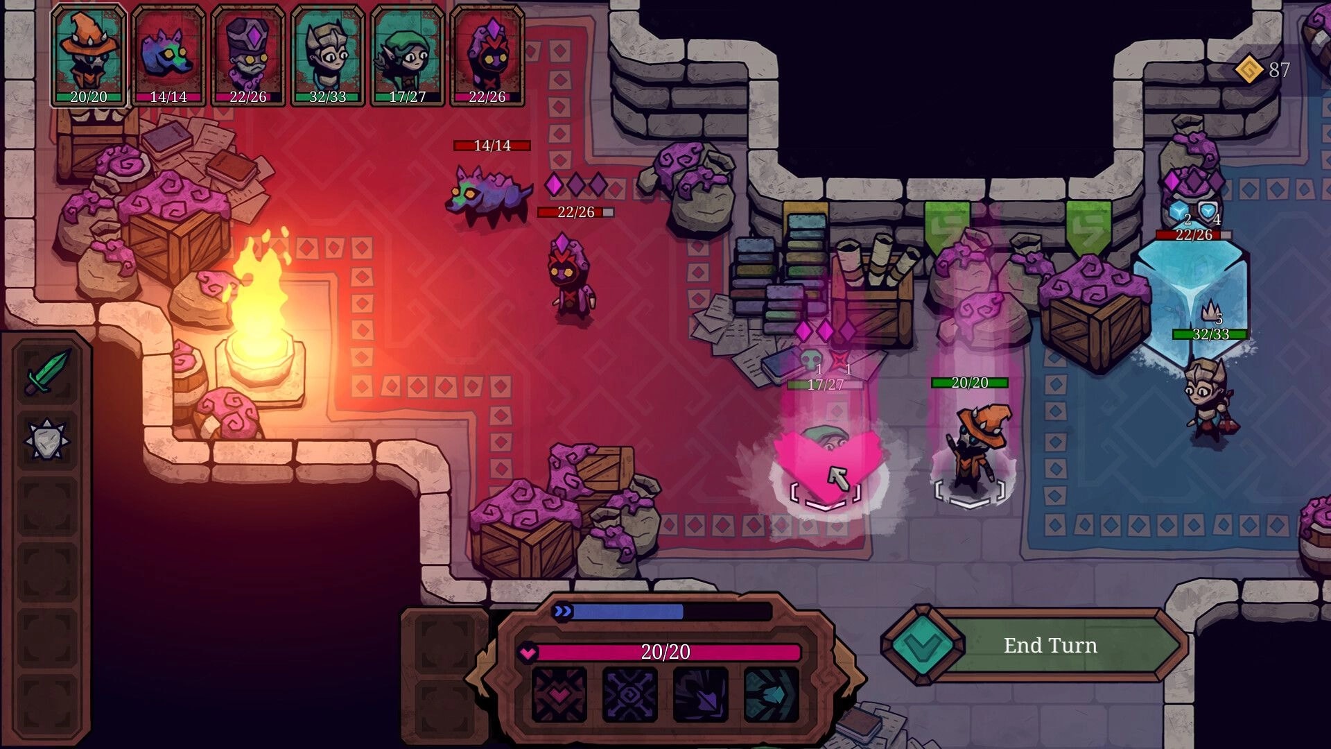 Twisted Fate: Hero party in dungeon combat, health bars displayed, ready to end turn
