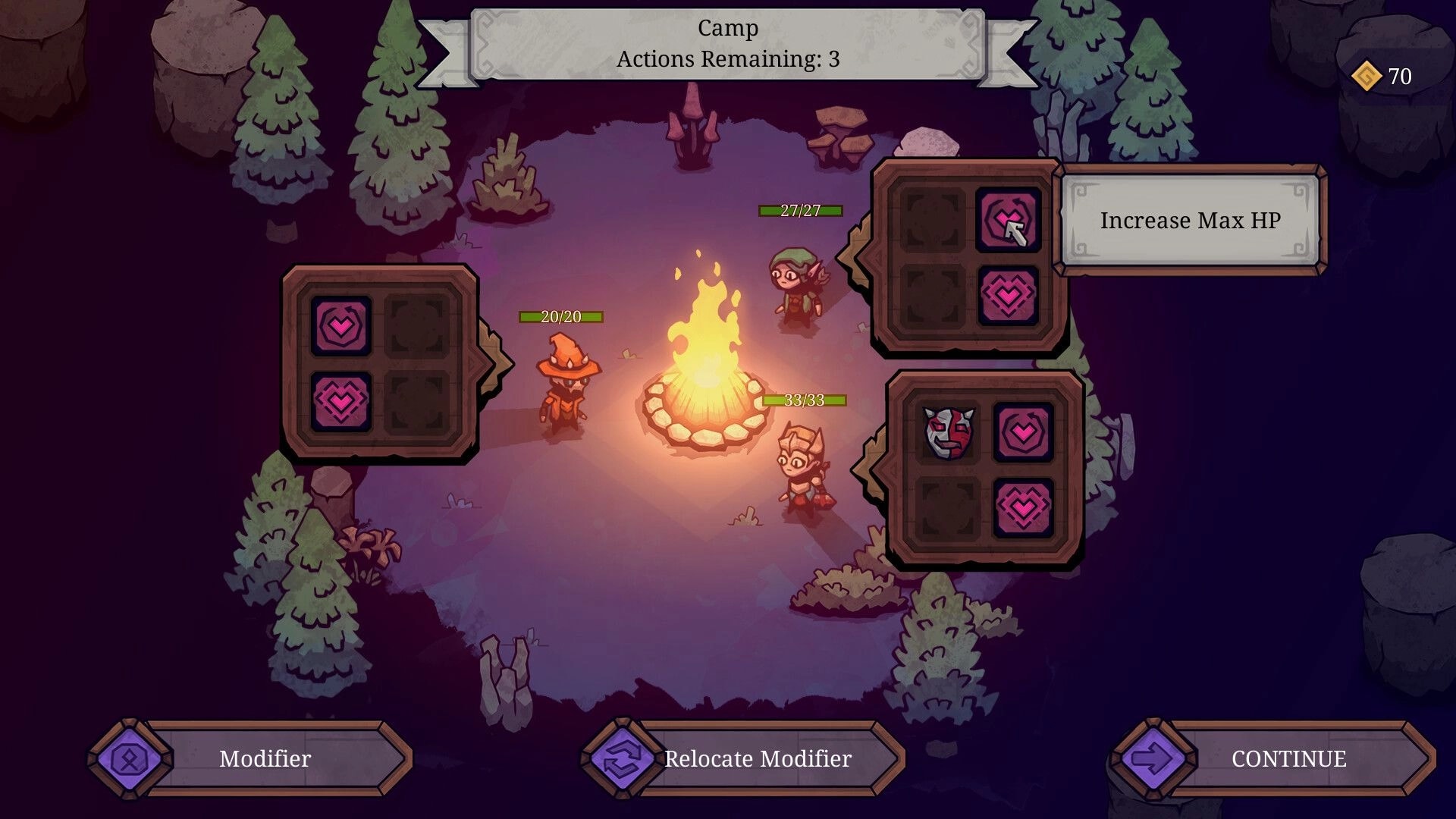 Twisted Fate: Three heroes around campfire with modifier options, actions remaining, and health bars visible.
