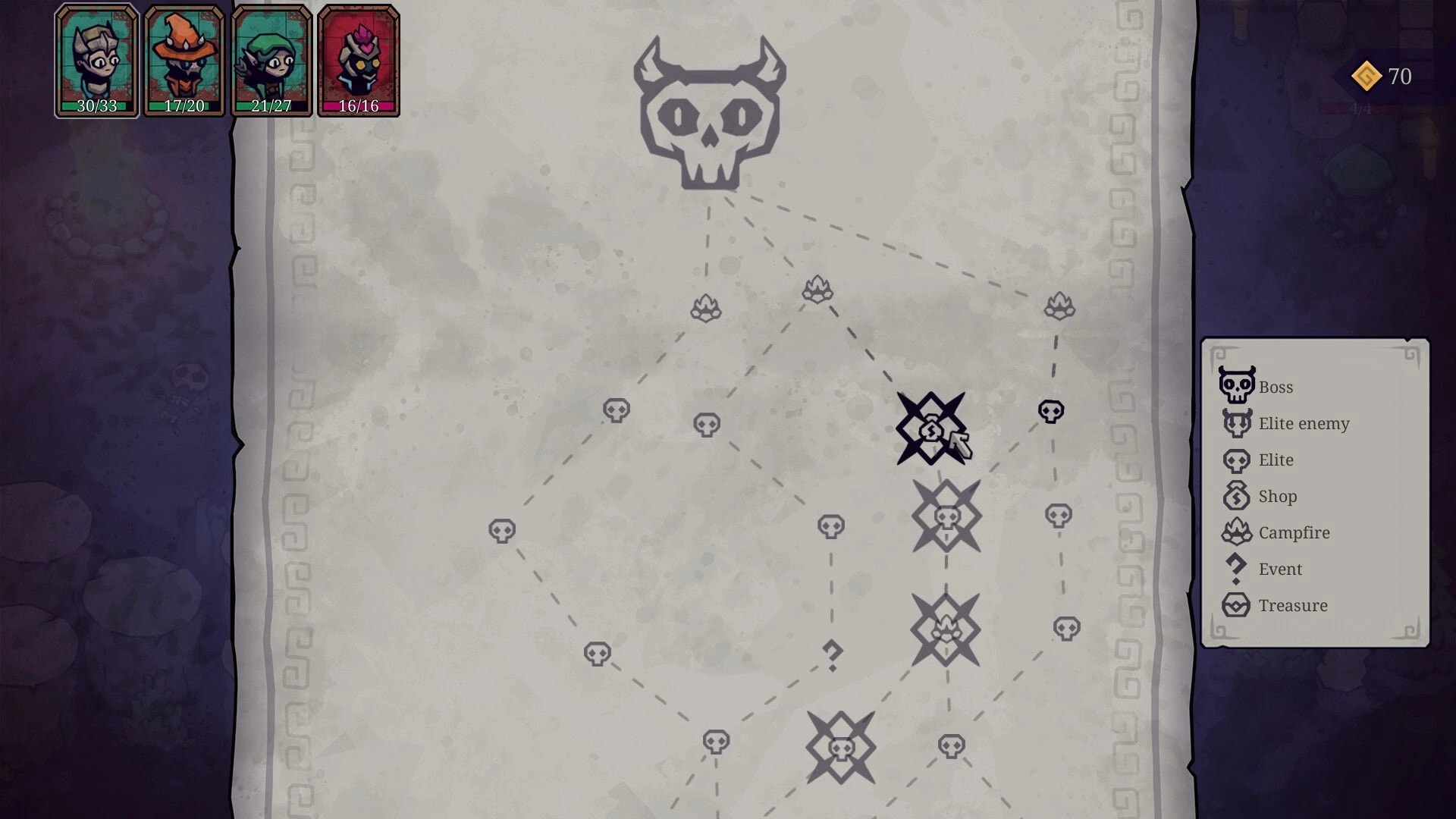 Twisted Fate: Map with paths to bosses, elite enemies, and campfires; hero stats in the top-left corner.