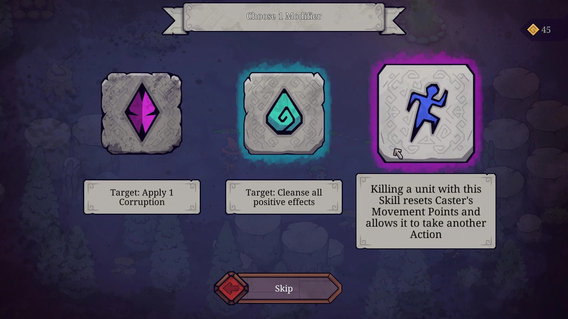 Twisted Fate: Modifier selection screen with three options; corruption, cleanse effects, and reset actions.