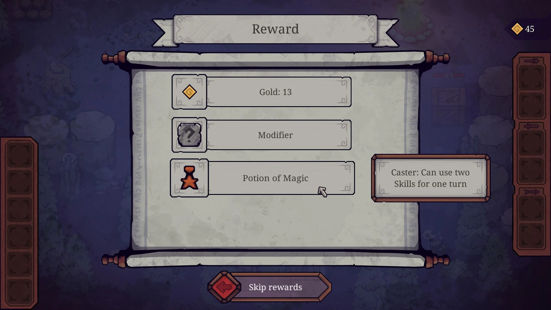 Twisted Fate: Reward screen displaying gold, a modifier, and Potion of Magic options in a dark forest.