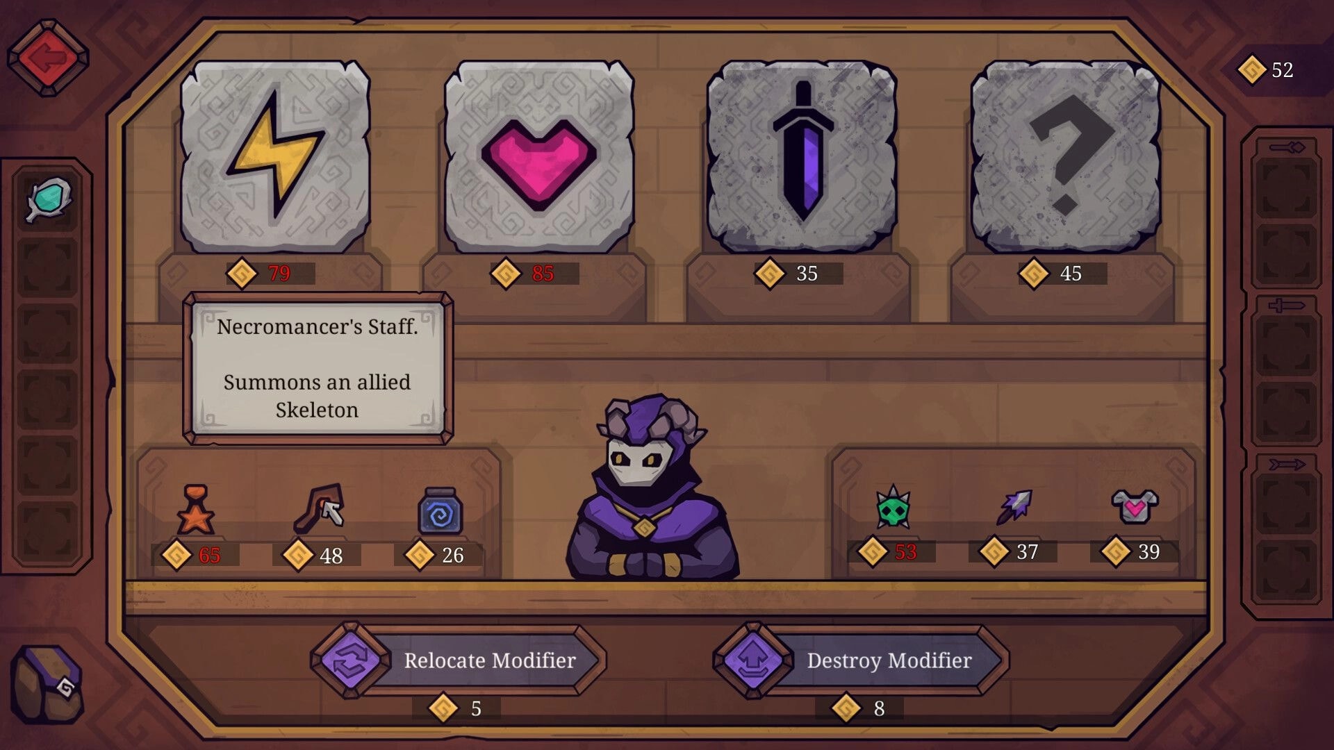 Twisted Fate: Shop interface with modifiers and artifacts displayed, featuring a hooded NPC vendor.