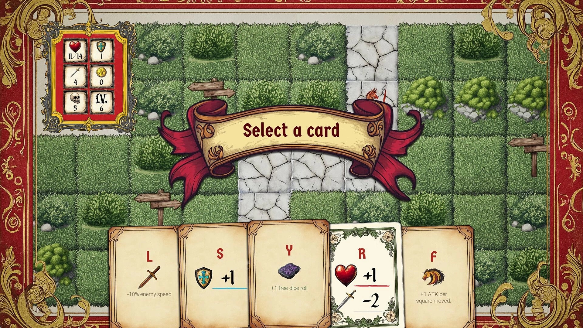 Type or Die: Select a card screen with five letter cards over a hedge maze stone path map.