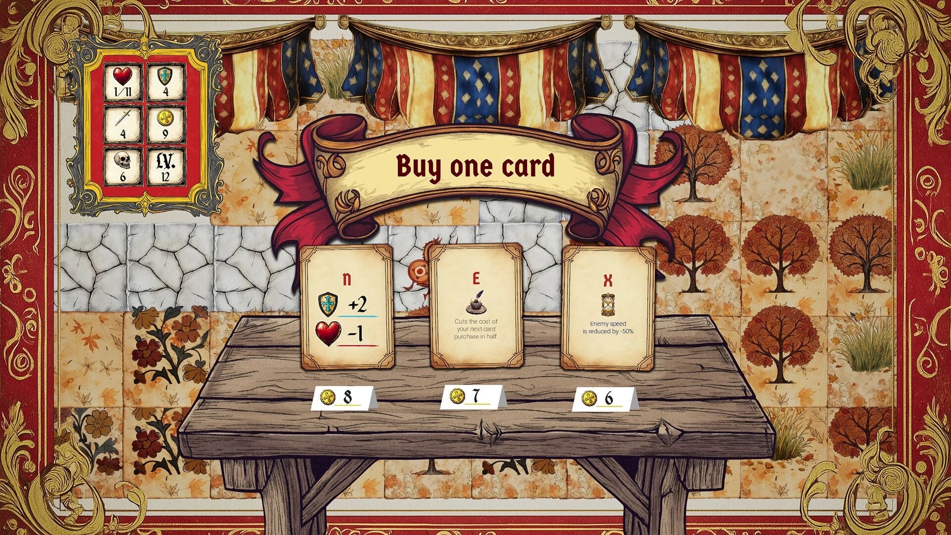 Type or Die: Buy one card shop menu with three cards and coin prices on a medieval tapestry backdrop.
