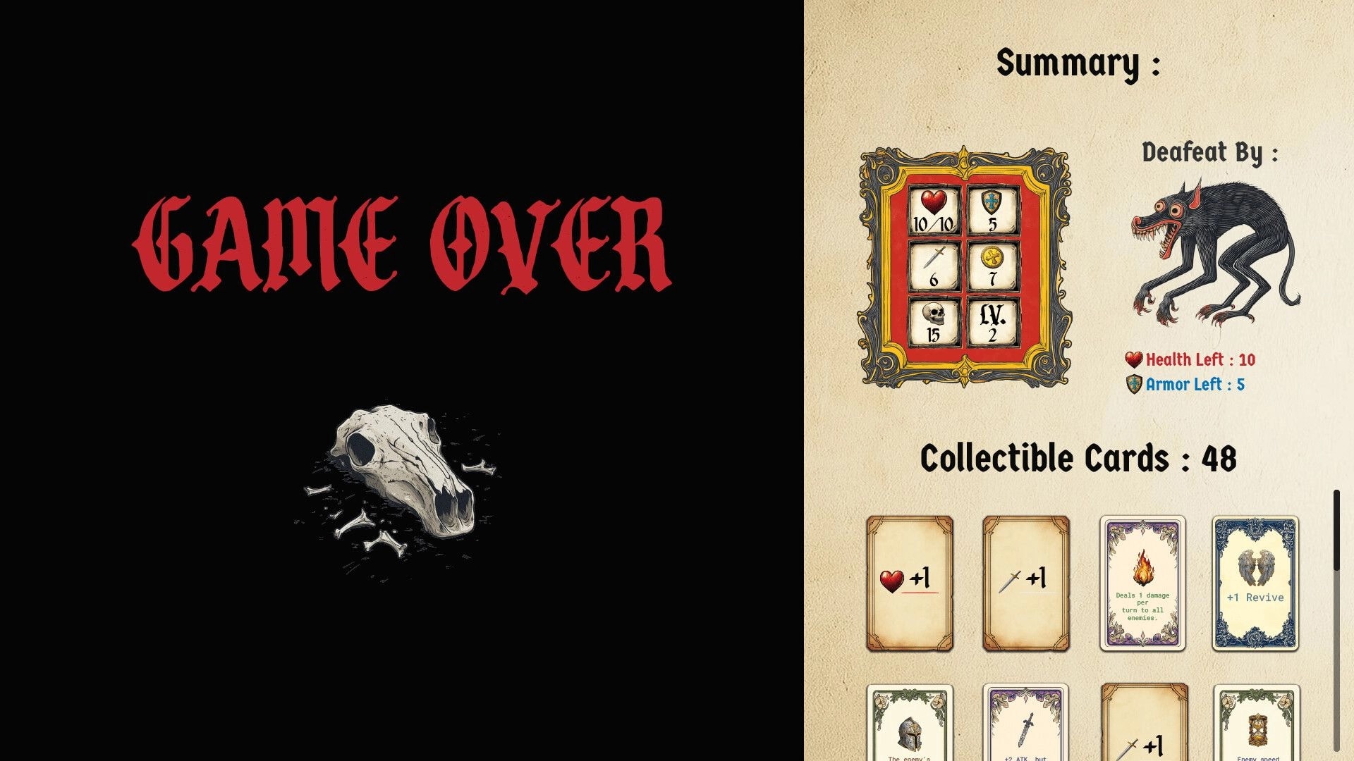 Type or Die: Game Over screen with defeat summary stats and collectible cards on parchment UI.