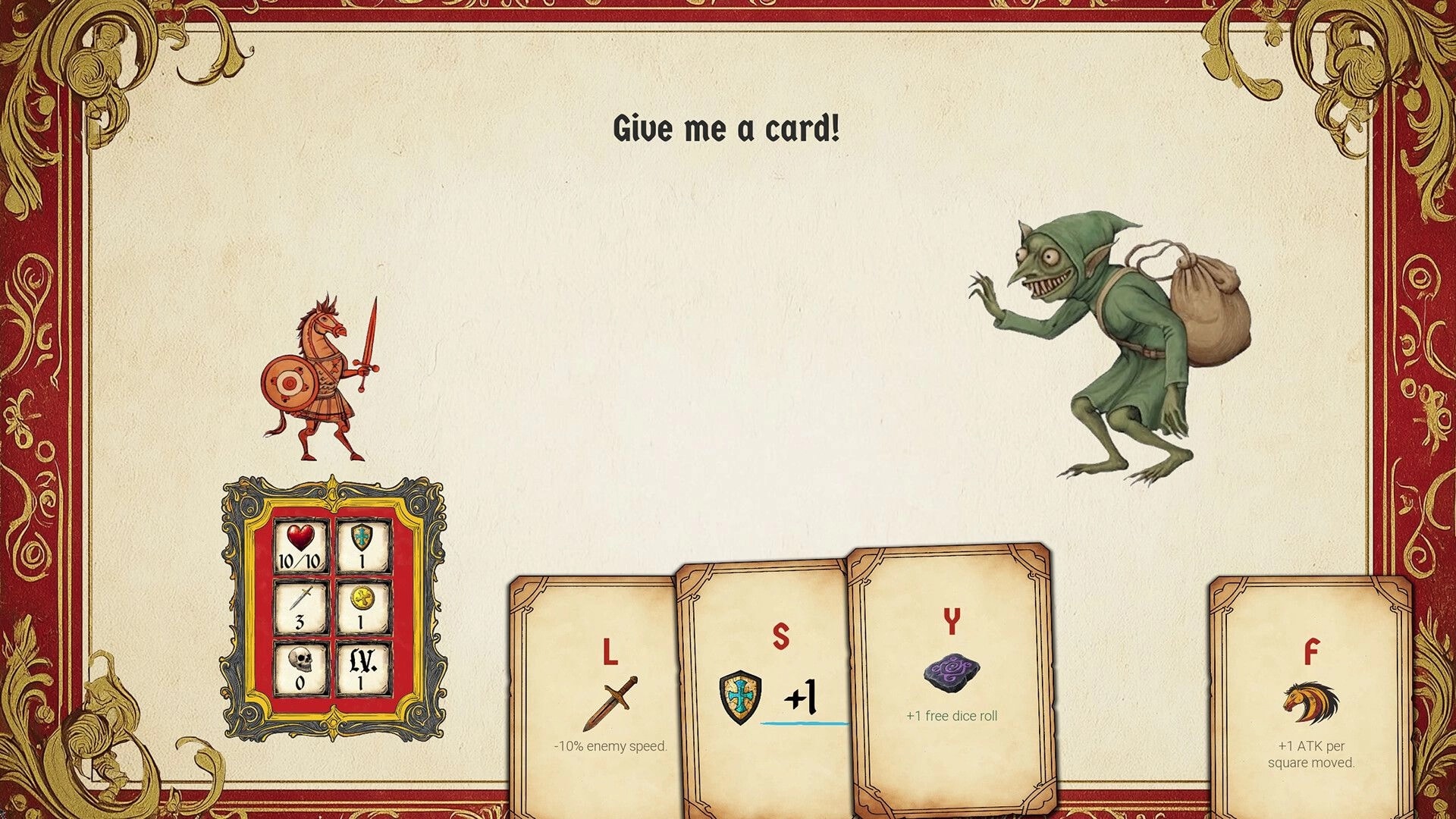Type or Die: Card reward choice UI with letter cards, horse knight and goblin on parchment board.