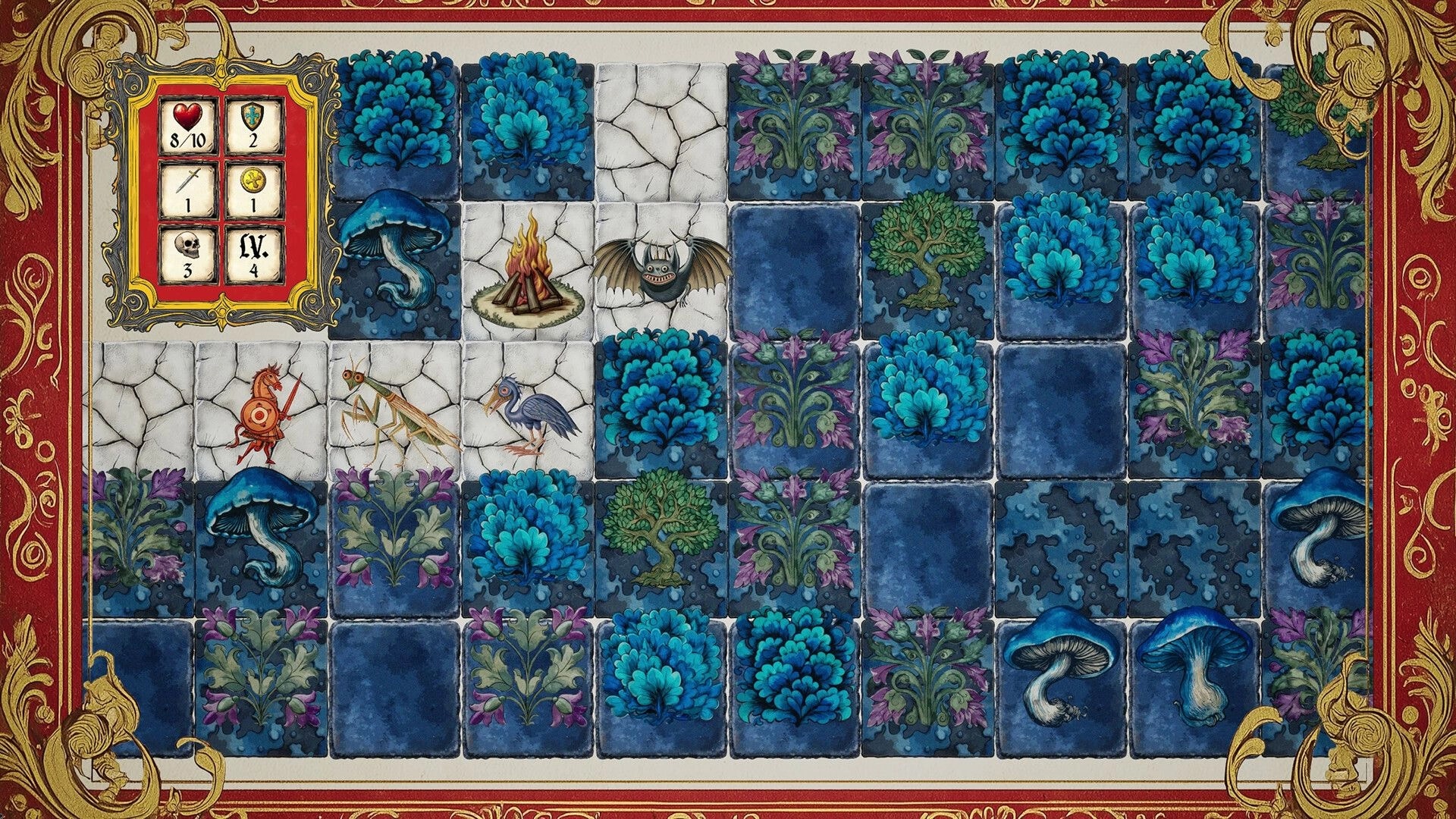 Type or Die: Board grid with creature tokens and stats panel on illuminated manuscript tiles.