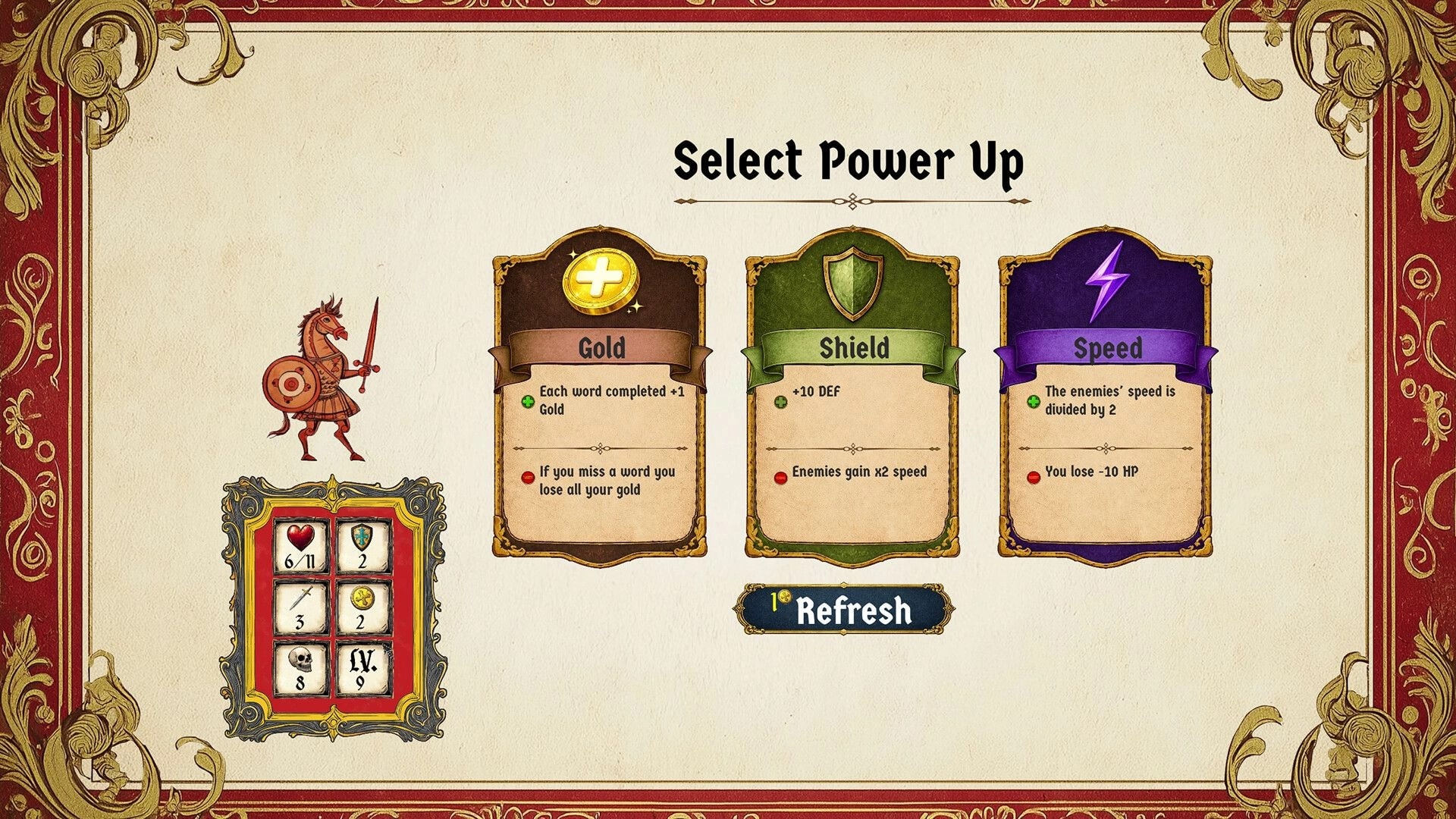 Type or Die: Select Power Up screen with Gold, Shield, Speed cards on a medieval manuscript backdrop.