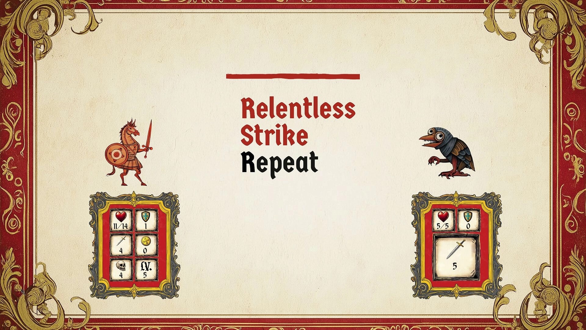 Type or Die: Horse knight versus bird enemy with stat cards beneath, parchment manuscript arena UI.