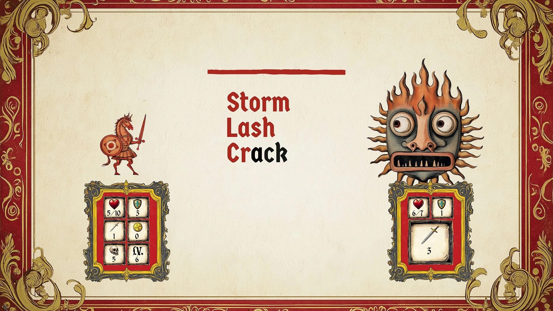 Type or Die: Word-choice combat UI with horse knight facing flame mask enemy on parchment board.