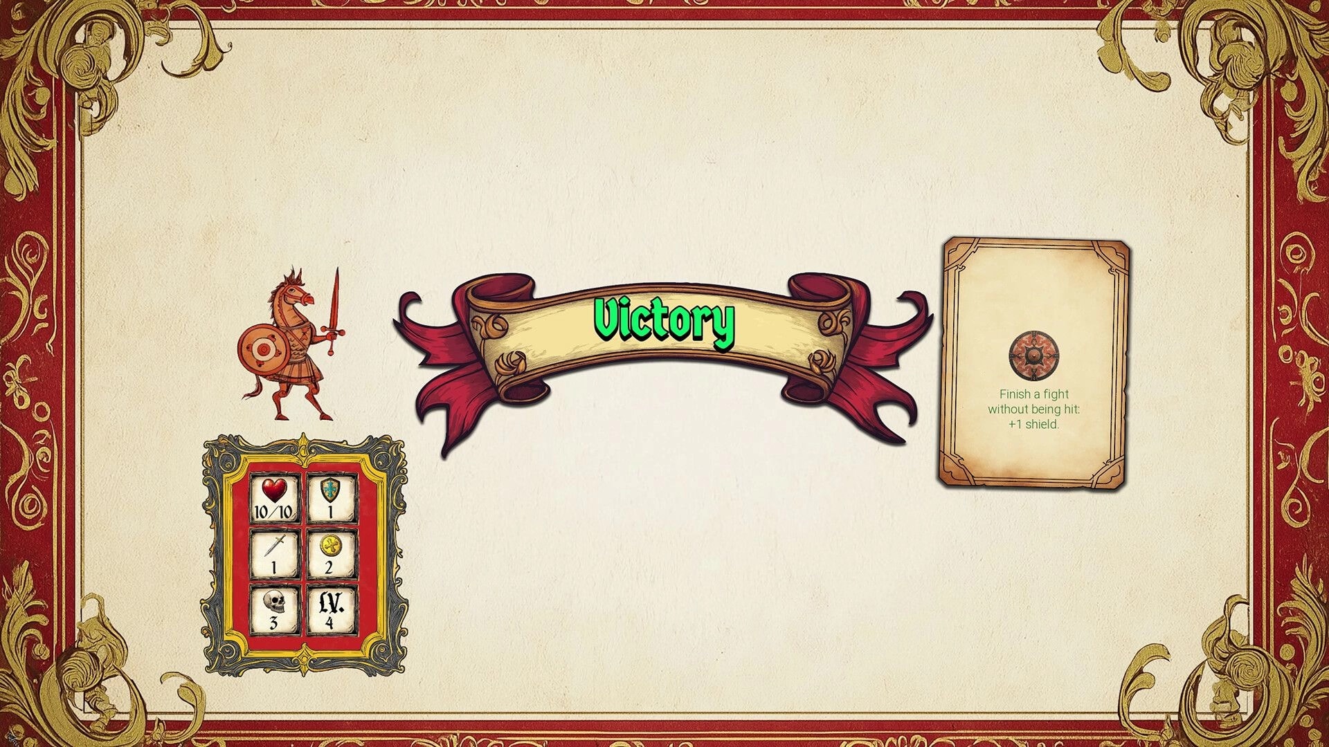 Type or Die: Victory banner after battle with horse knight stats panel and reward card on parchment screen.