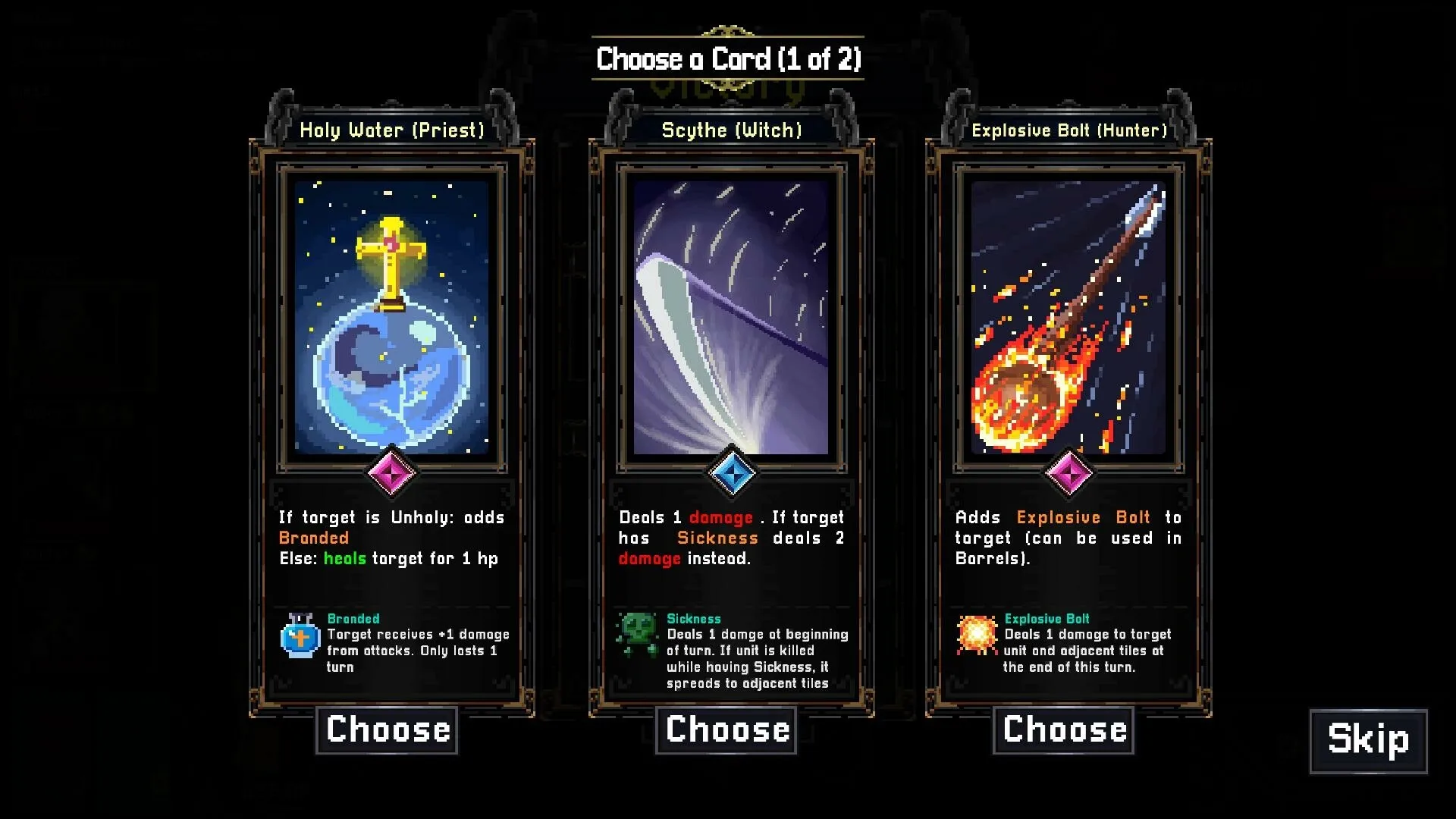 Umbratica Tactics: Card selection screen with options for Holy Water, Scythe, and Explosive Bolt cards.