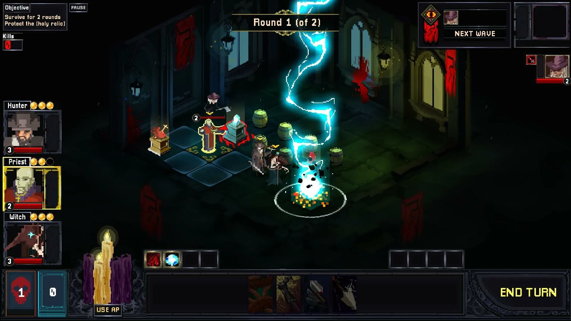 Umbratica Tactics: Hunter, Priest, and Witch defending relic in dark dungeon with objectives displayed