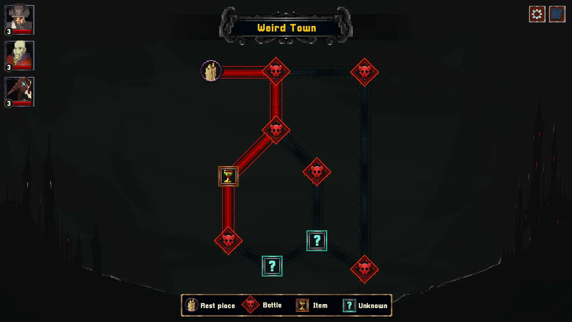 Umbratica Tactics: Map with paths indicating battles, items, and unknown encounters in Weird Town.