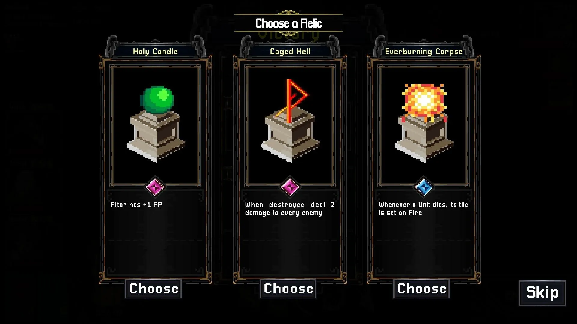 Umbratica Tactics: Choose a relic screen with Holy Candle, Caged Hell, and Everburning Corpse options