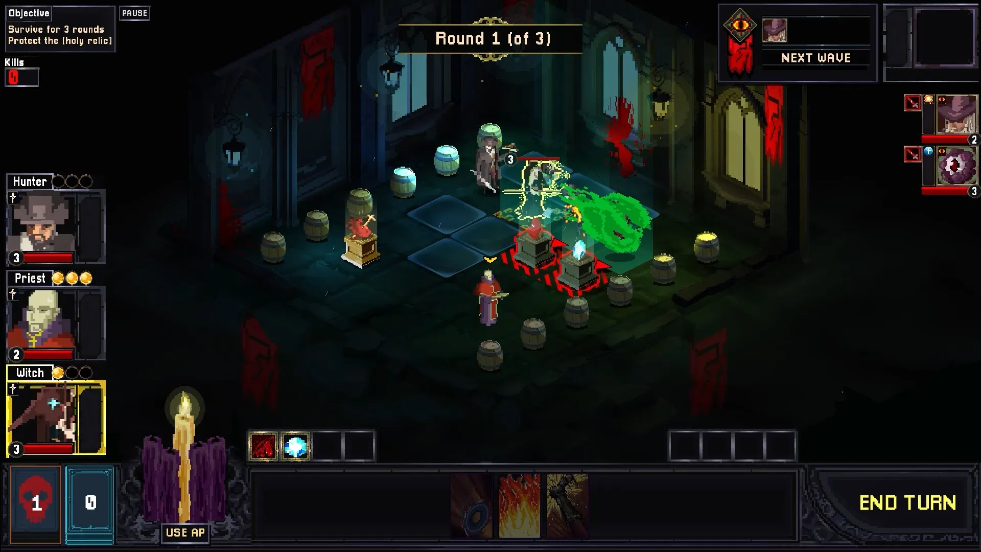 Umbratica Tactics: Hunter and Priest strategize in a dimly lit dungeon surrounded by barrels and enemies.