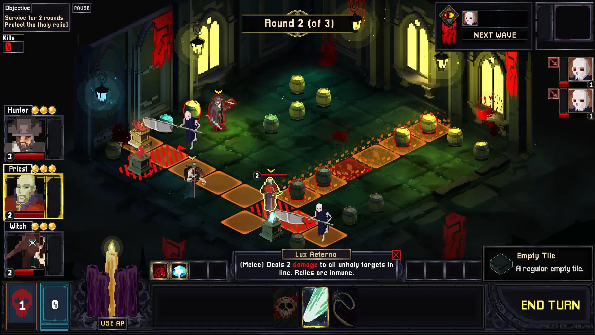 Umbratica Tactics: Hunter and Priest face skeletons in a dimly lit dungeon during round 2 of 3.