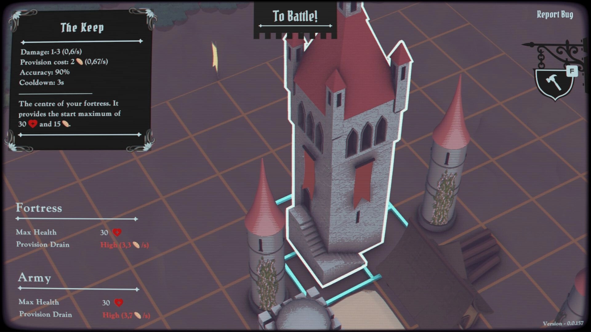 Unbreachable: Fortress keep building highlighted with stats panel and To Battle button on grid map.