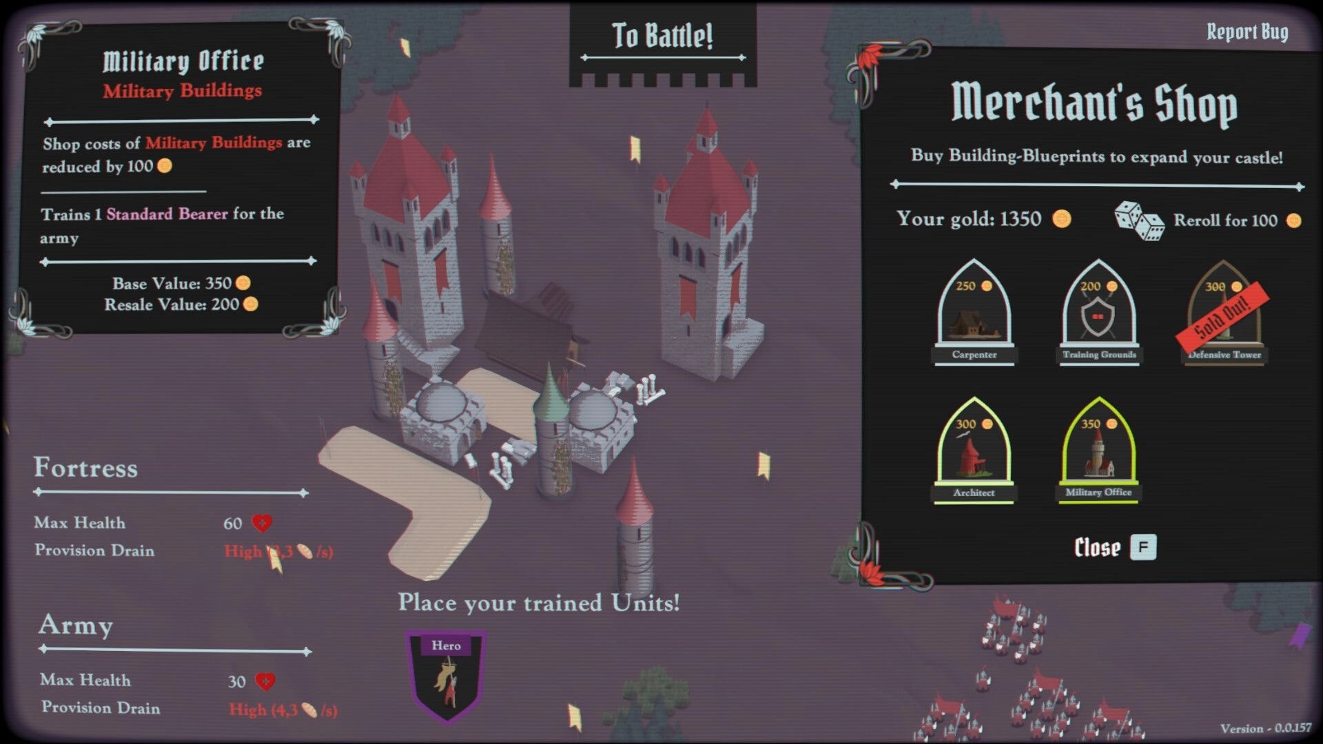 Unbreachable: Merchant's Shop blueprint menu over fortress view, with gold total and reroll button.