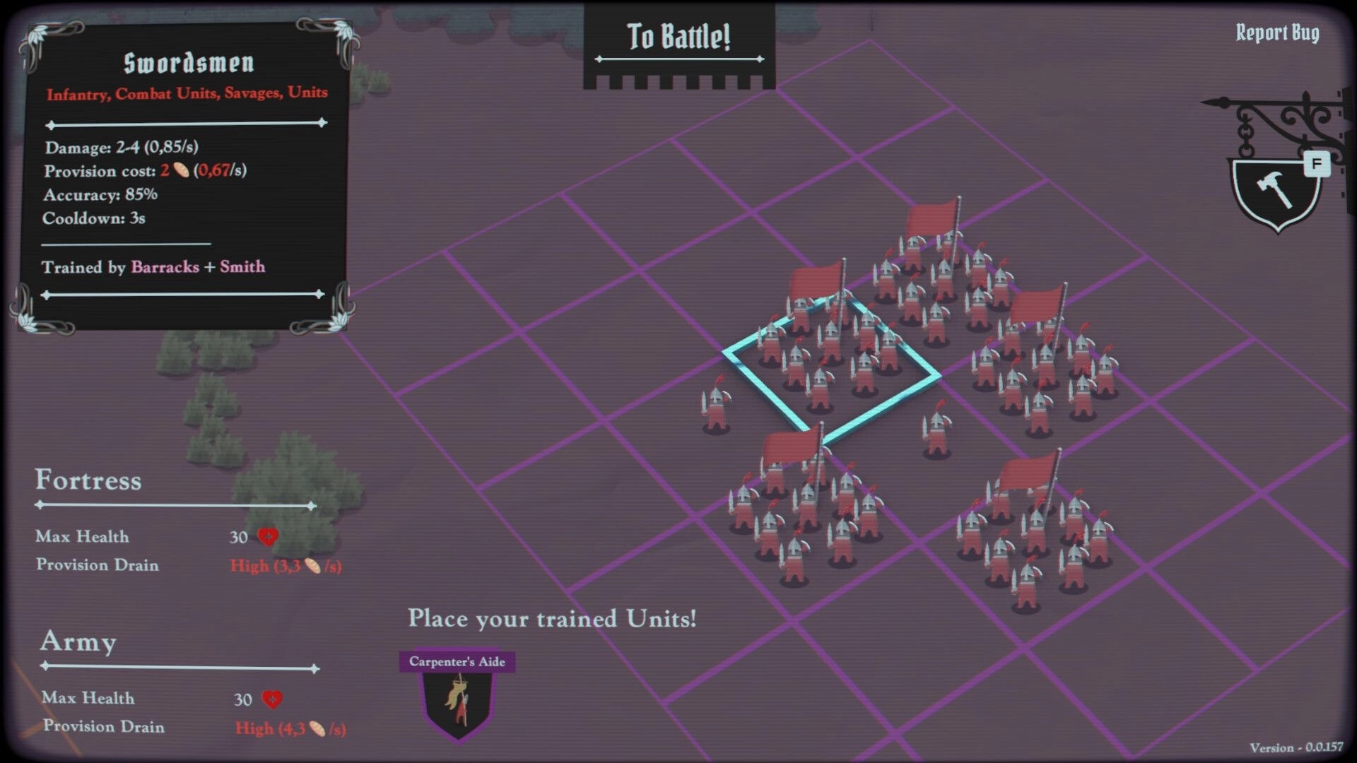 Unbreachable: Unit placement screen with swordsmen squads on purple grid and To Battle button above.