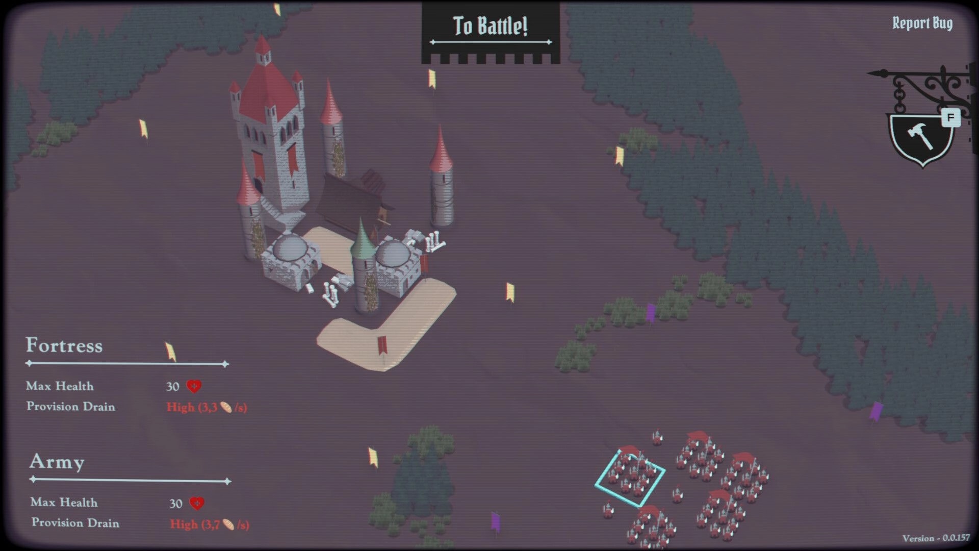 Unbreachable: Fortress overview with To Battle button, stats panel, and army units on forest map.